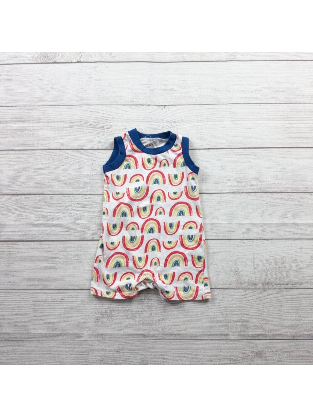 Chick Pea Baby Rainbow Print Sleeveless Romper Blue Trim 6-9 Months